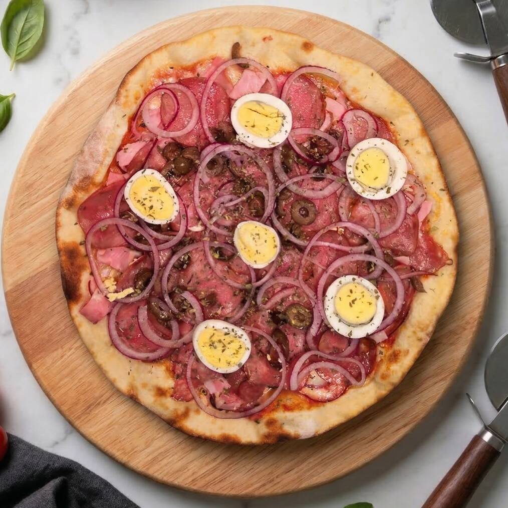 Massa fina com borda crocante, molho artesanal, mozzarella derretida, presunto ralado, linguiça calabresa, cebola roxa, ovos, azeitonas pretas e orégano + uma Coca-Cola 1,5l