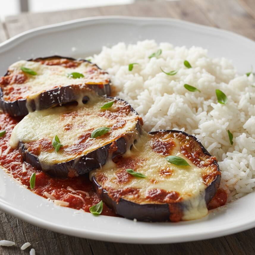 Uma opção deliciosa e suculenta onde fatias de berinjela são empanadas, cobertas com molho de tomate e queijo derretido, levadas ao forno para gratinar. Acompanha arroz branco soltinho e mais dois complementos de sua preferência.Enviados na marmita de isopor biodegradável de 750ml.