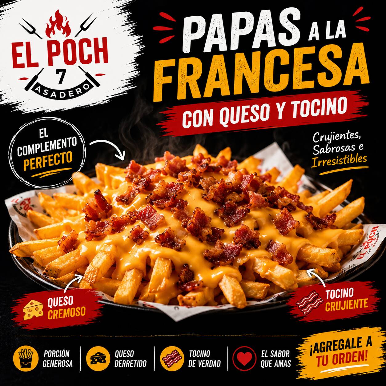 Papas a la Francesa, con Queso y Tocino
