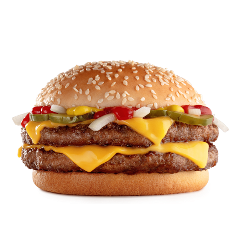 Dois hambúrgueres (100% carne bovina), mostarda, ketchup, cebola, queijo cheddar e pão com gergelim