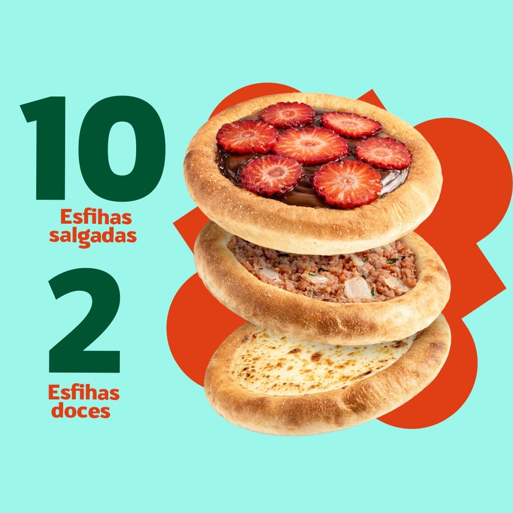 Salgada + Doce, é Tudo de Bom: Compre 10 esfihas salgadas e ganhe 2 esfihas doces de presente! Uma explosão de sabores salgados e doces para você saborear sem parar.