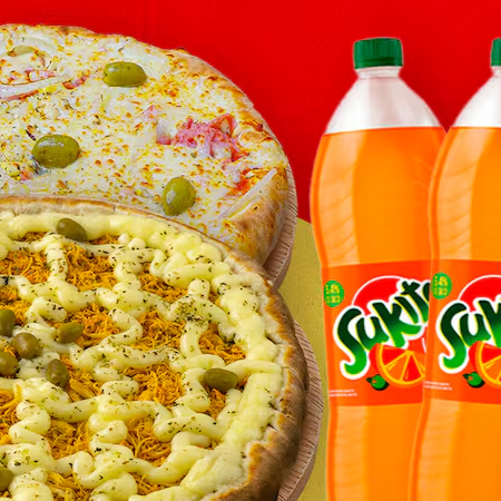 Dupla de pizzas G (8 pedaços cada) de Catufrango e Portuguesa, com dois refrigerantes de 2 litros para completar. Mais sabor com preço imperdível para a família!