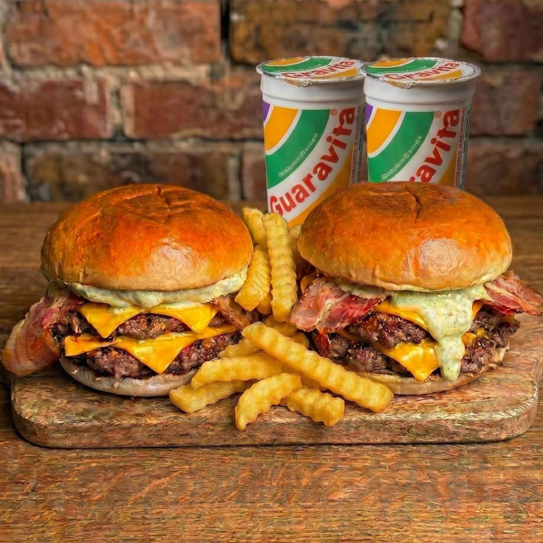 Dois dos nossos duplo cheddar onde cada burguer acompanha 02 carnes de 90g, fatias de queijo cheddar e pedaços de bacon com nossa maravilhosa maionese verde da casa + 02 Batatas Fritas individuais + 02 guaravitas.