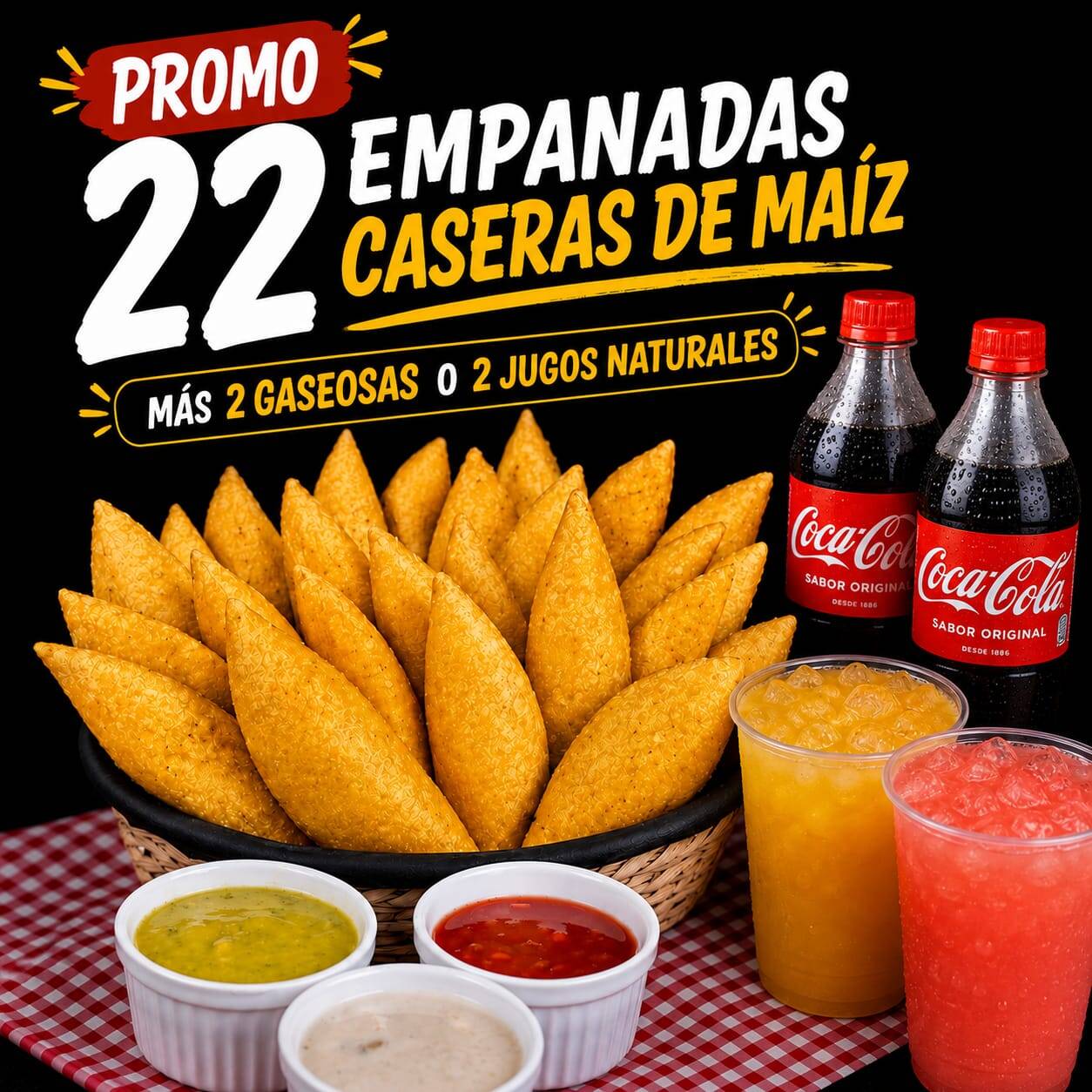 22 Empanadas + 2 COCA-COLA o 2 Jugos Naturales