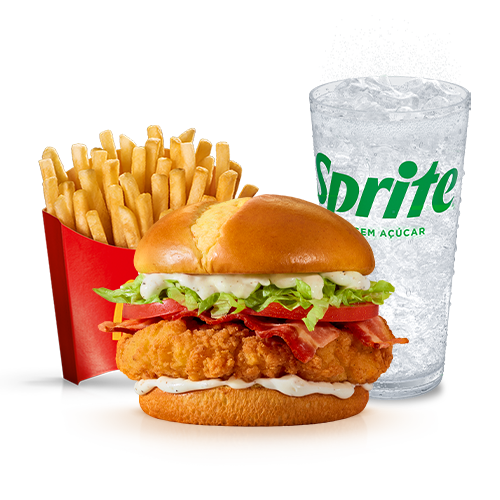 Composto por pão tipo brioche com batata, o novo molho Ranch (um delicioso molho emulsionado à base de especiarias e creme de leite), bacon em fatias, alface americana, tomate e carne 100% de peito de frango, temperada e empanada, acompanhamento e bebida