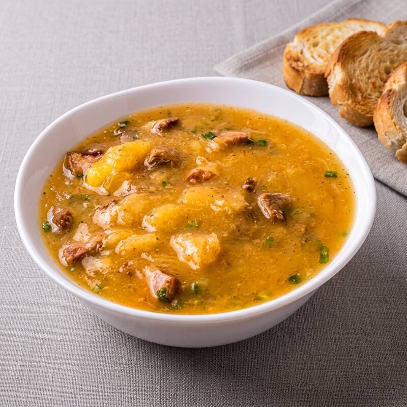 Indiscutivelmente o mais saboroso, costela desfiada com creme de mandioca. Acompanha torradas. (APROXIMADAMENTE 500 ML).