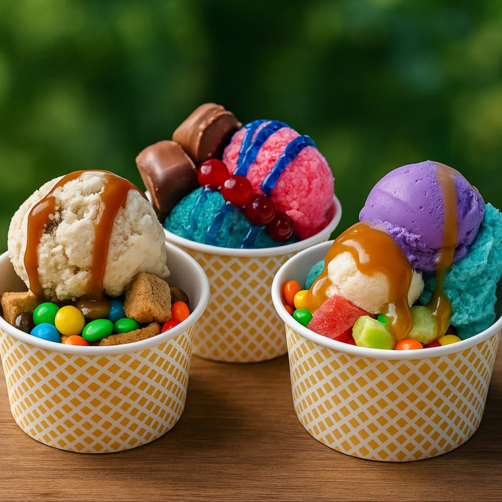 Helado con topping. 2 toping y2 sabores de helado.