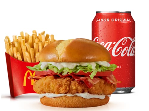 Composto por pão tipo brioche com batata, o novo molho Ranch (um delicioso molho emulsionado à base de especiarias e creme de leite), bacon em fatias, alface americana, tomate e carne 100% de peito de frango, temperada e empanada, acompanhamento e bebida