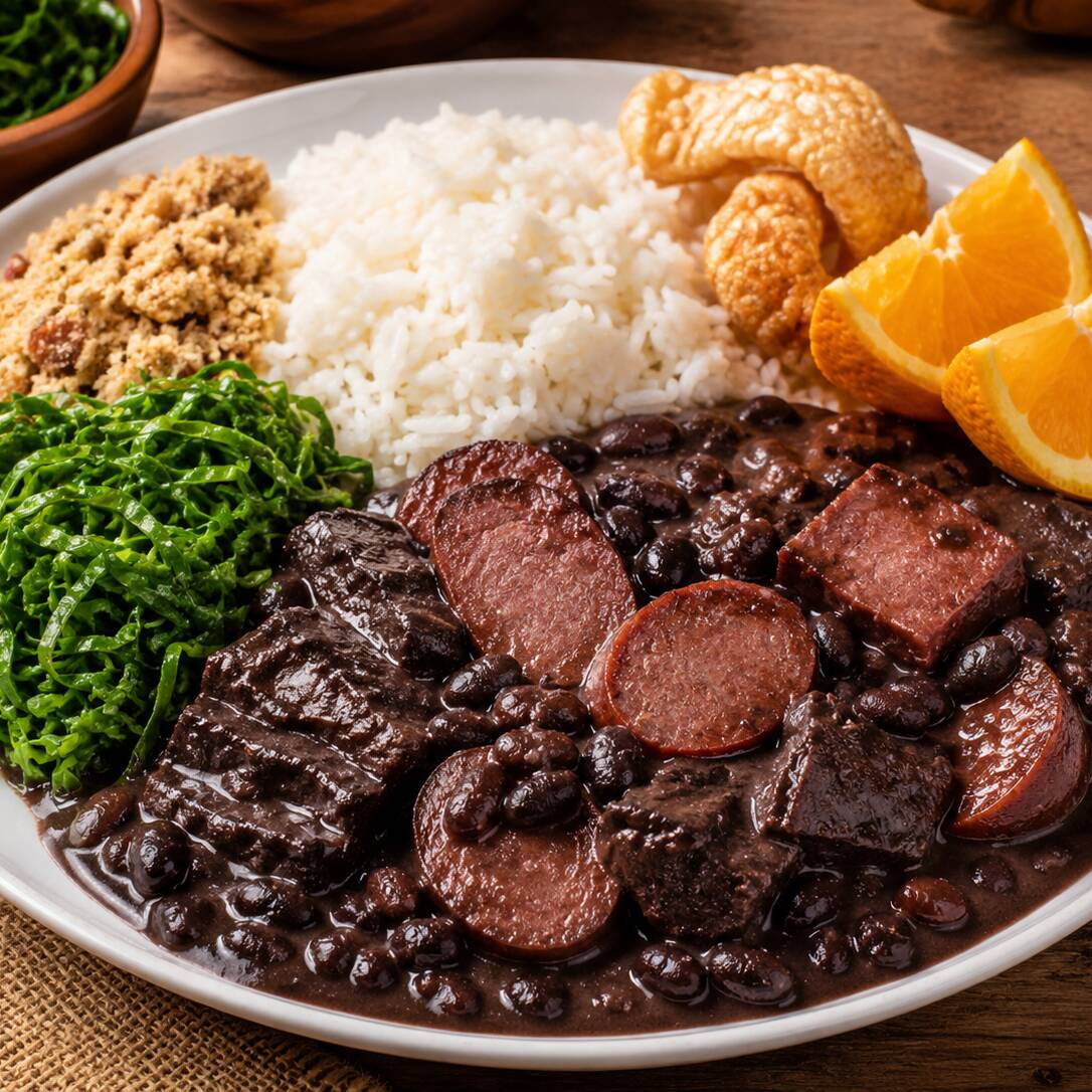 1 marmita somente feijoada mais 1 marmita media com os acomapanhamento:arroz,farofa,banana,couve,torresmo,laranja
