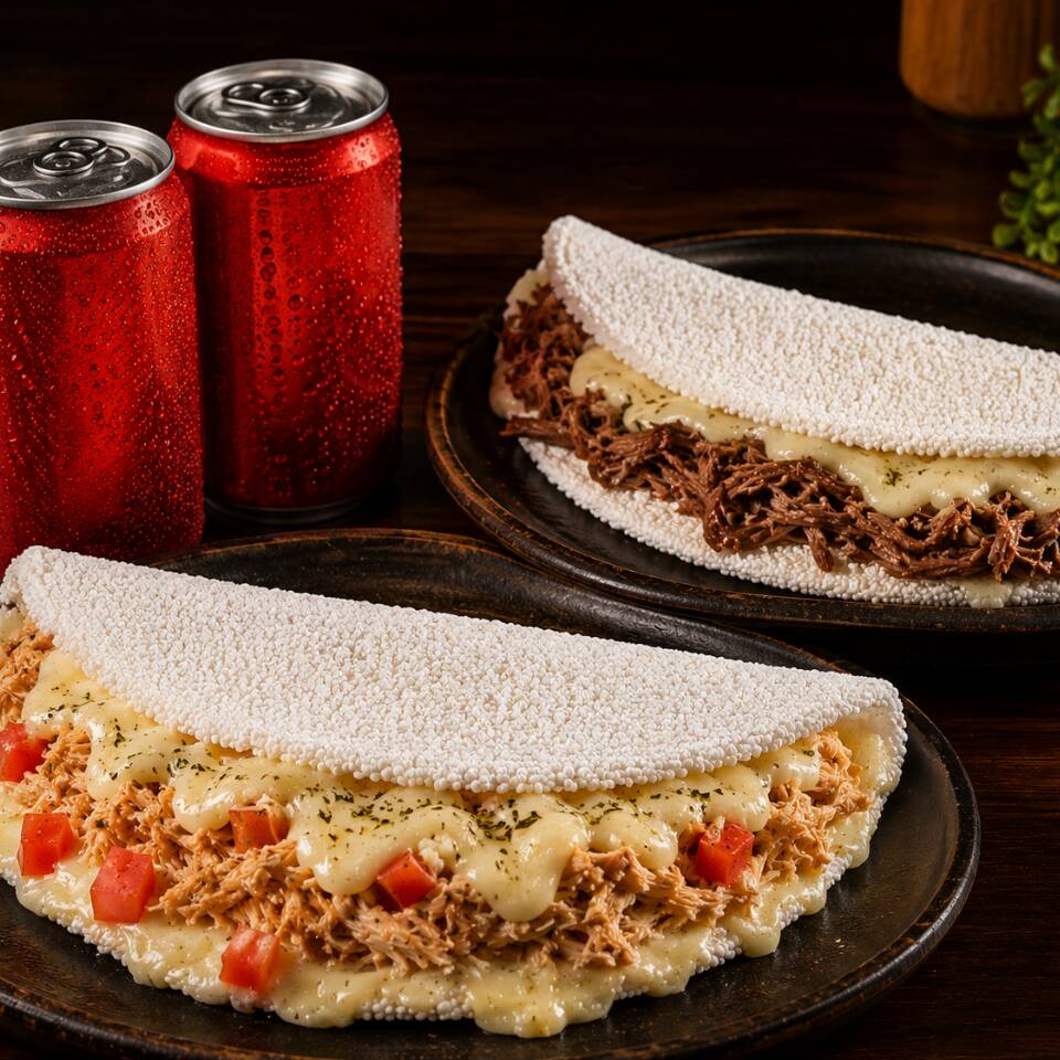 Comemore ao lado de quem você ama com duas tapiocas da proteína da sua escolha com Mussarela ou Catupiry acompanhadas de duas cocas lata bem gelada.