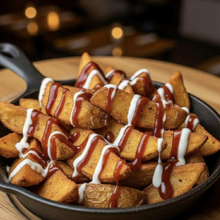 Orden de Papas Gajo Bañadas con Salsa BBQ y Ranch