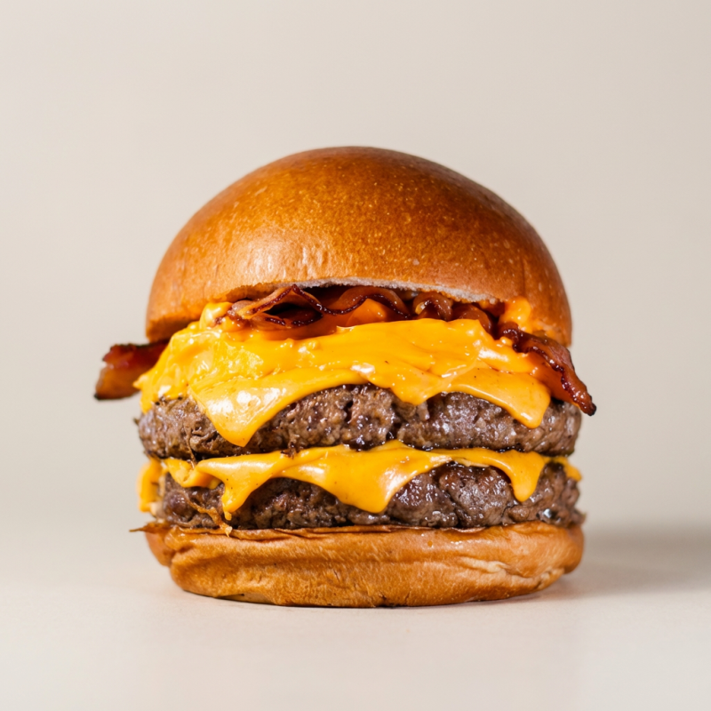 Pão de brioche, 2 hambúrgueres 160g, queijo, bacon e molho cheddar