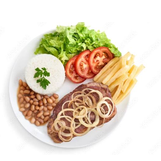 Delicie-se com nosso prato completo, acompanhado de arroz soltinho, feijão temperado na medida, farofa crocante, batata frita dourada e uma fresca salada de alface, tomate e cebola.