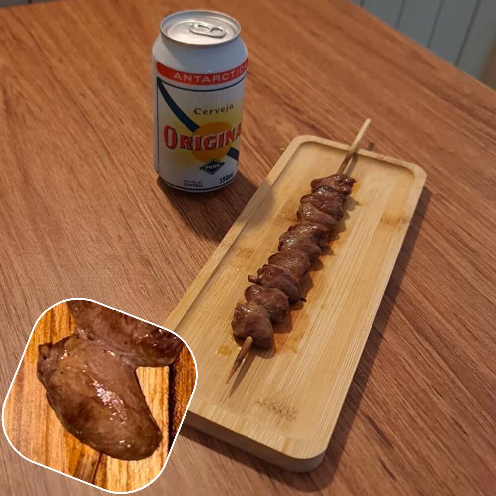 Espeto de coração de frango, sem mandioca.
