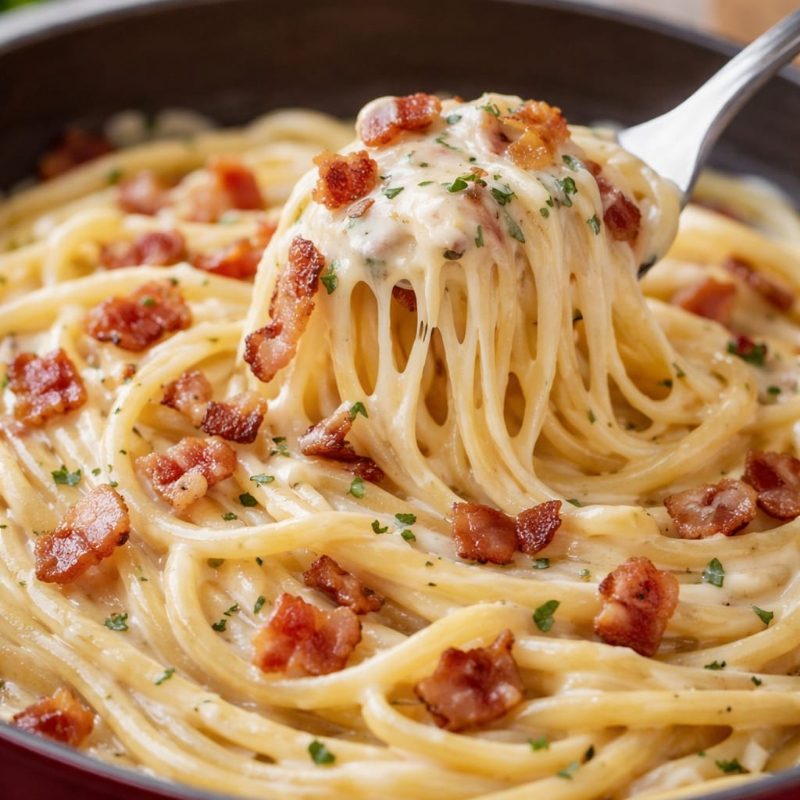 Massa fresca produzida artesanalmente na casa, ao molho 4 com queijos com bacon.