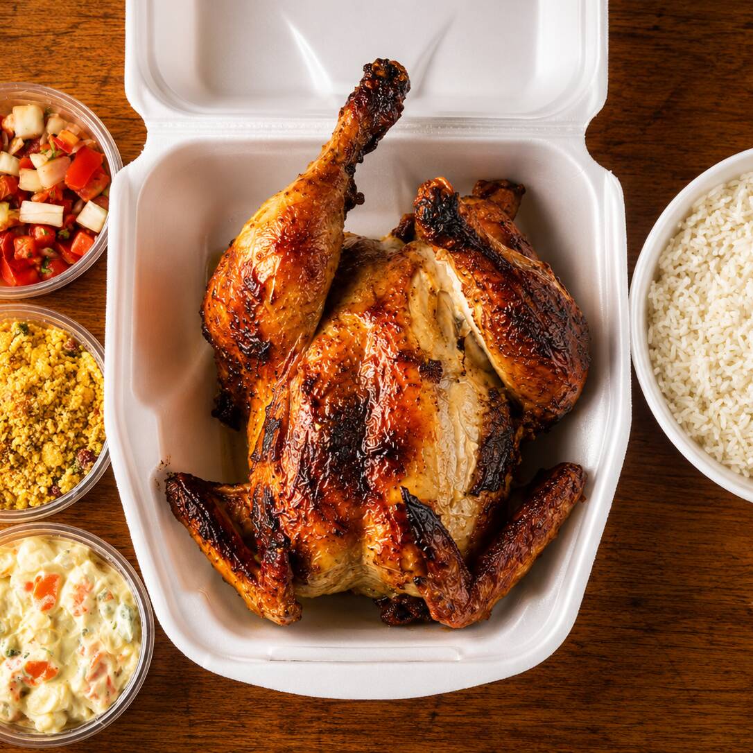 Delicioso frango assado acompanhado de arroz soltinho, farofa caseira e vinagrete, serve 3 pessoas