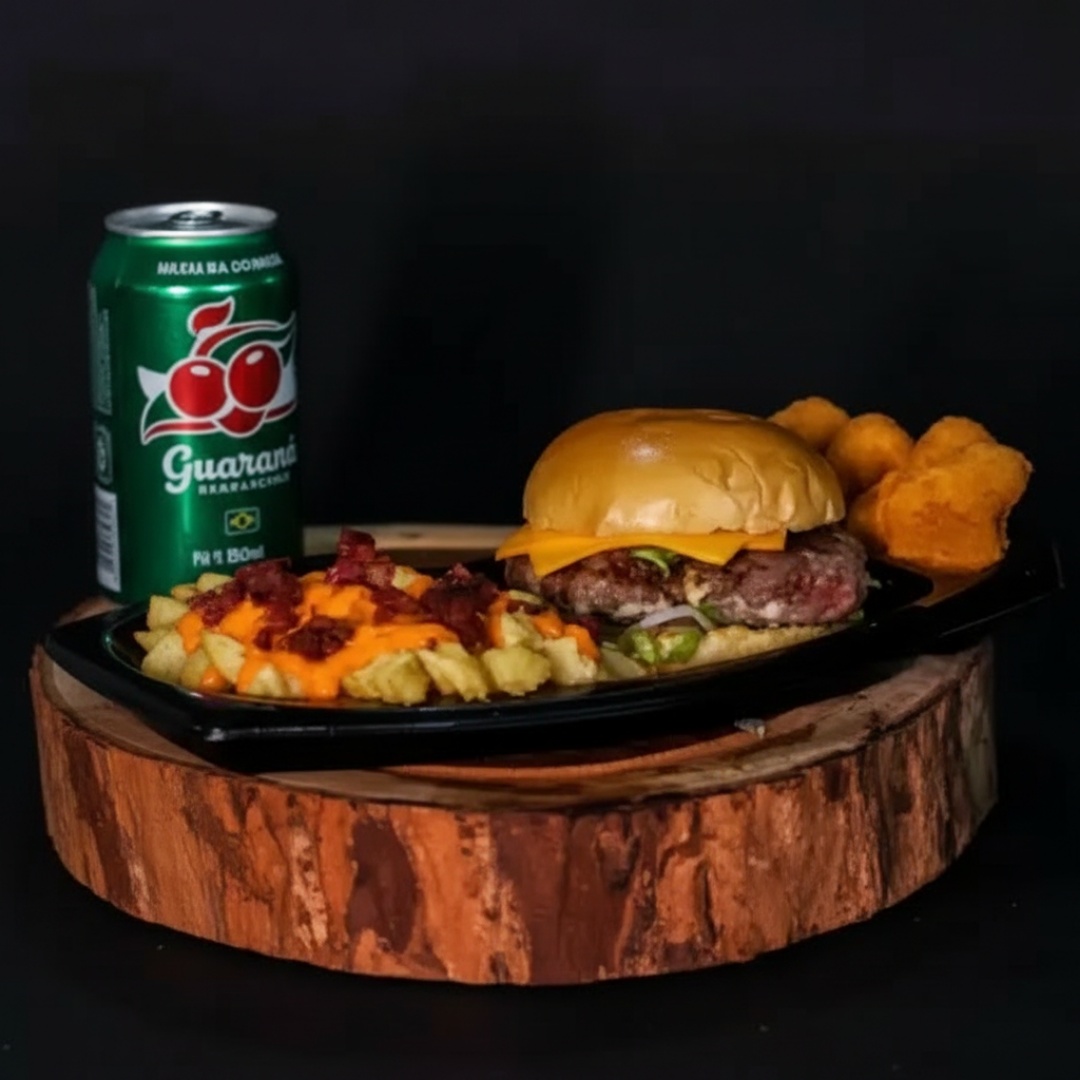 Acompanha Pão brioche, 150 gramas de carne, 2 fatias de queijo, alface americano, cebola roxa e maionese. Batata turbinada e refri