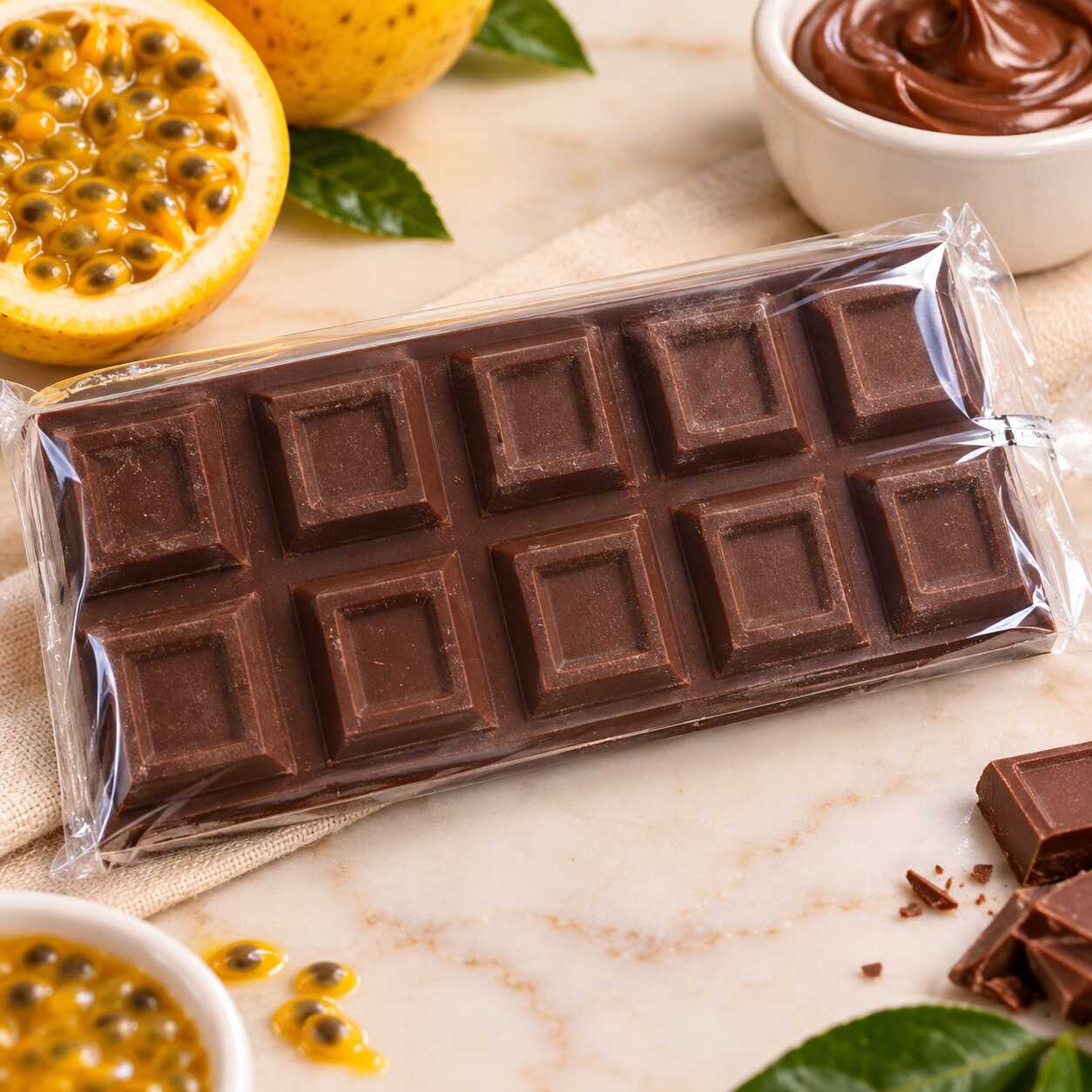 Uma deliciosa barra de chocolate ao leite com recheio de maracujá com Nutella.