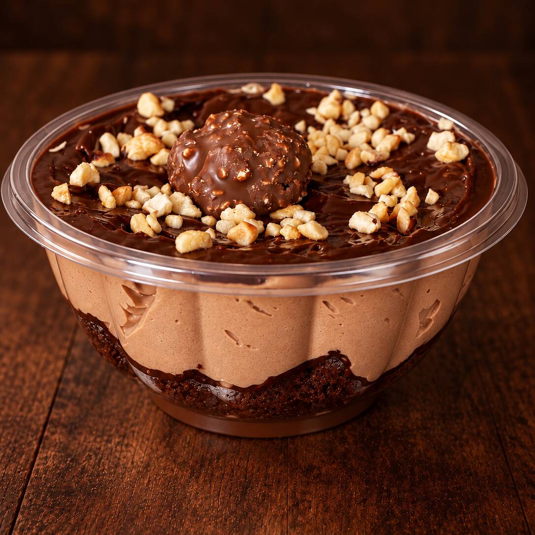 Camada de brownie, brigadeiro de chocolate, chantilly de brigadeiro, chocolate nobre e castanhas crocantes, finalizado com Ferrero Rocher. Aprox. 220 g 🍫❤️
Obs.: O bombom Ferrero Rocher é enviado separadamente, pois o copo vai bem cheio. ❤️