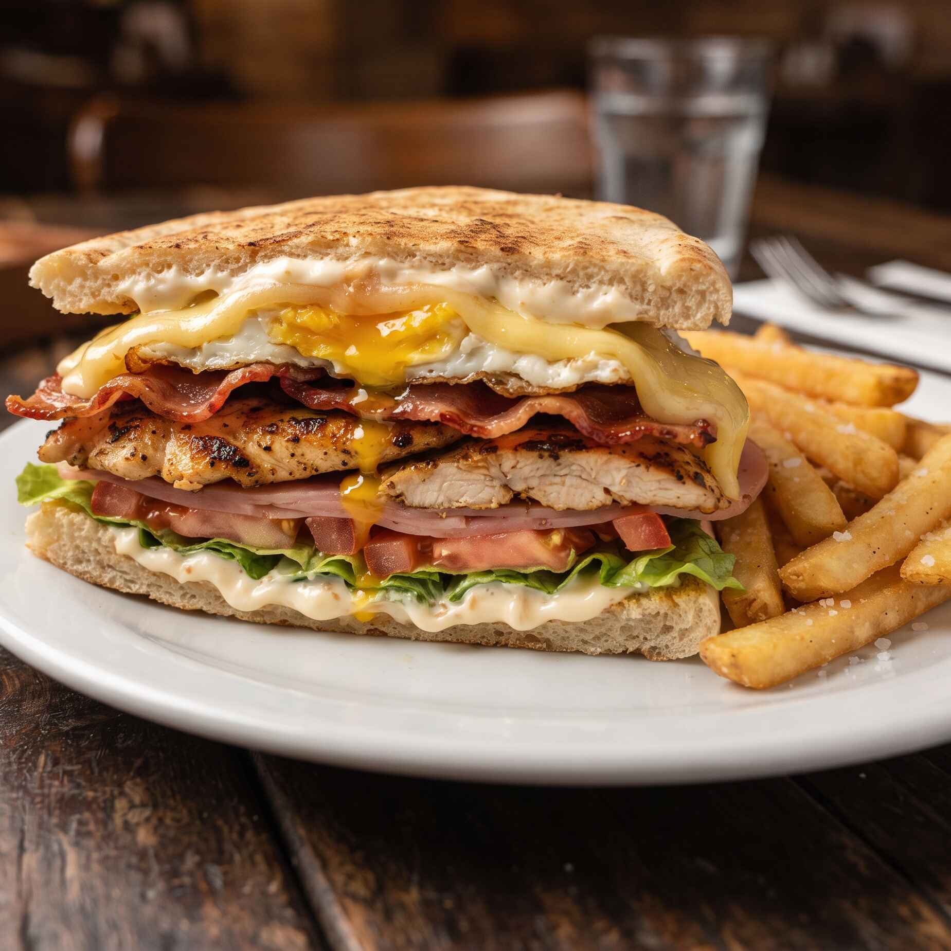 Filé de frango grelhado no pão sírio, bacon, ovo, queijo, presunto, salada, fritas e maionese da casa.