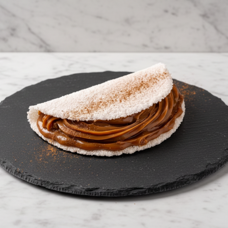 Inspirada no sabor do clássico churros! Tapioca recheada com doce de leite cremoso, finalizada com açúcar e canela, proporcionando uma sobremesa irresistível e cheia de sabor.