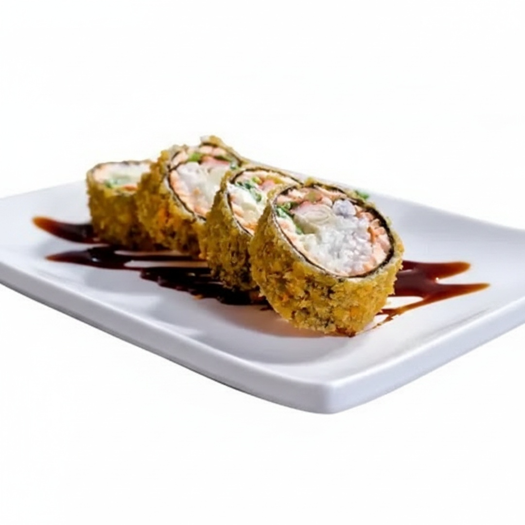 Rolo de sushi com recheio de Salmão e Camarão rosa e cream Cheese e arroz, empanado e frito por fora.
