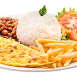 Arroz, Feijão, Fritas, Saladinha e Macarrão ou Legumes (o que estiver disponível no dia). Omelete preparado com Ovos/ Mussarela/ Mix de Cheiro Verde, Cebola, Tomate Picado
