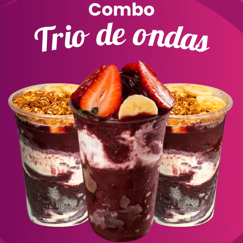 Reúna a turma e venha curtir essa vibe! Nosso Combo que traz 3 copos de 400ml de puro frescor tropical. Escolha seus complementos e venha comemorar com a gente pagando aquele precinho de quem já é de casa. Uma verdadeira festa na praia, direto no seu copo! Para a sua experiência ser perfeita, os cremes são montados dentro do copo, junto com o açaí. Já o adicional de Nutella vai à parte, para você derramar à vontade! A fruta escolhida vai em todos os copos.