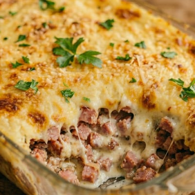 Escondidinho de Macaxeira recheado com Calabresa refogada e temperada ao ponto e gratinada com queijo mussarela. Acompanha Arroz Branco