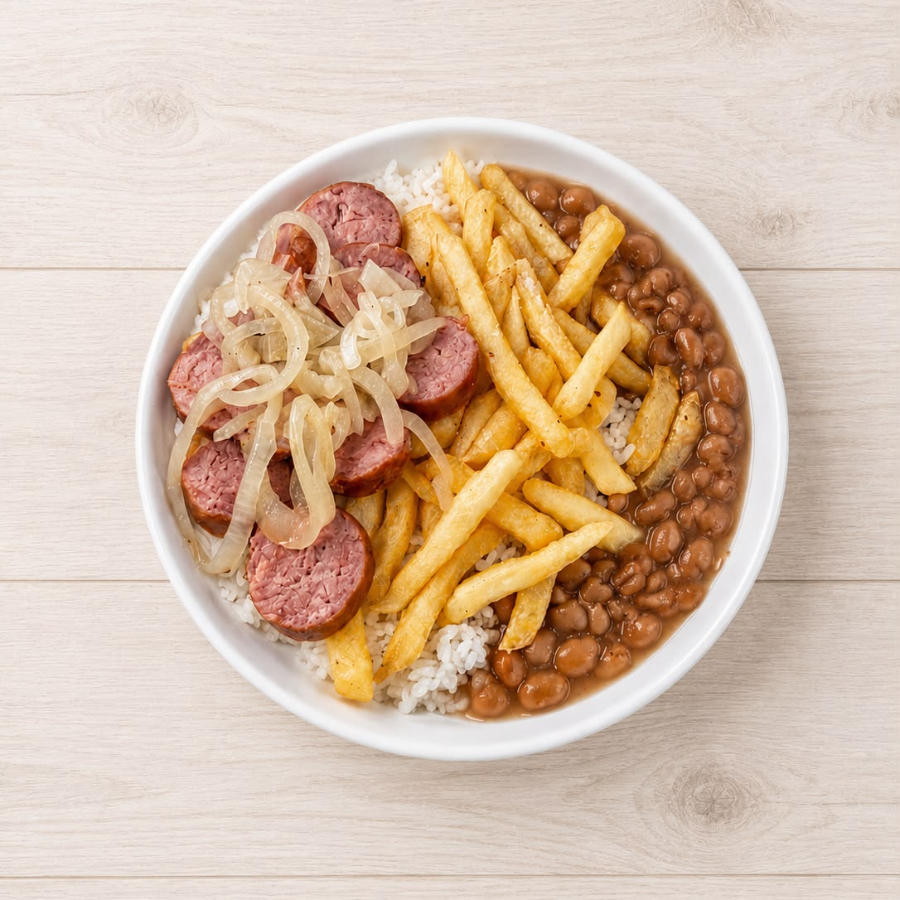 Prato Acompanha:
Arroz branco soltinho, feijão bem temperado, Batata Frita e Linguiça acebolada picada dourada.
Tamanho 500ml