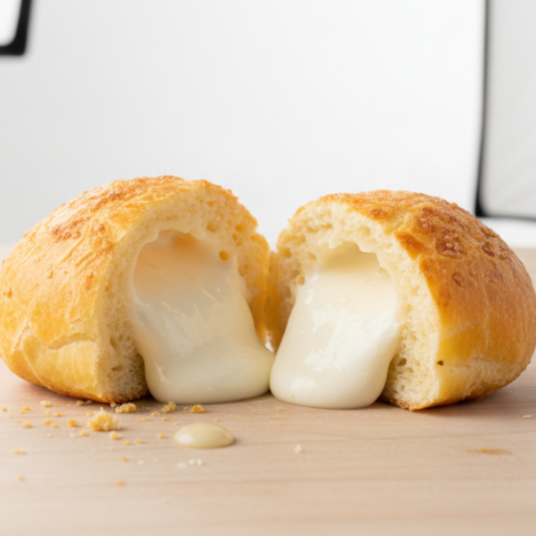 Pão de queijo congelado recheado com cremoso requeijão, uma explosão de sabor em cada mordida.