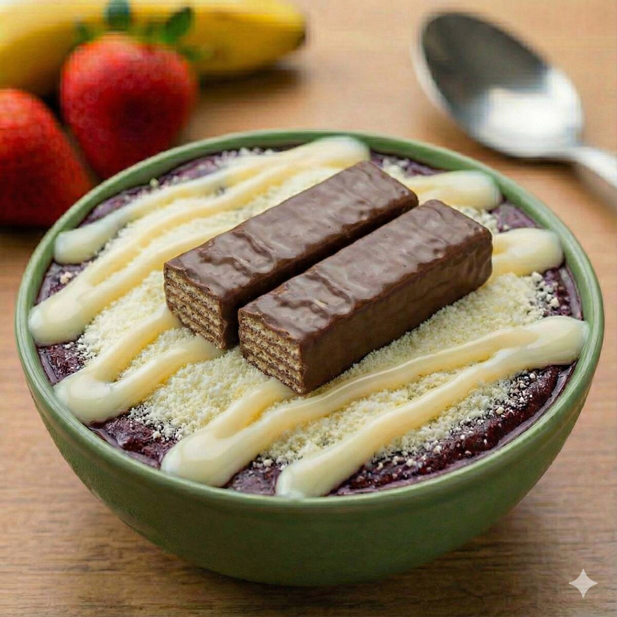 Açaí tradicional com pedaços de Bis crocante, leite em pó e leite condensado. Cremoso, doce na medida certa e irresistível! *Imagem ilustrativa
