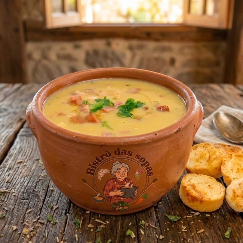 Deliciosa sopa de ervilha cremosa Ingredientes : ervilha , cenoura , bacon , calabresa e temperos a moda do chef . Finalizado com bacon e calabresa crocantes e cheiro verde . Obs : não é possivel remover ingredientes se não quiser que coloque cheiro verde ou bacon e calabresa por cima nos avise por favor pelo campo de observaçôes.