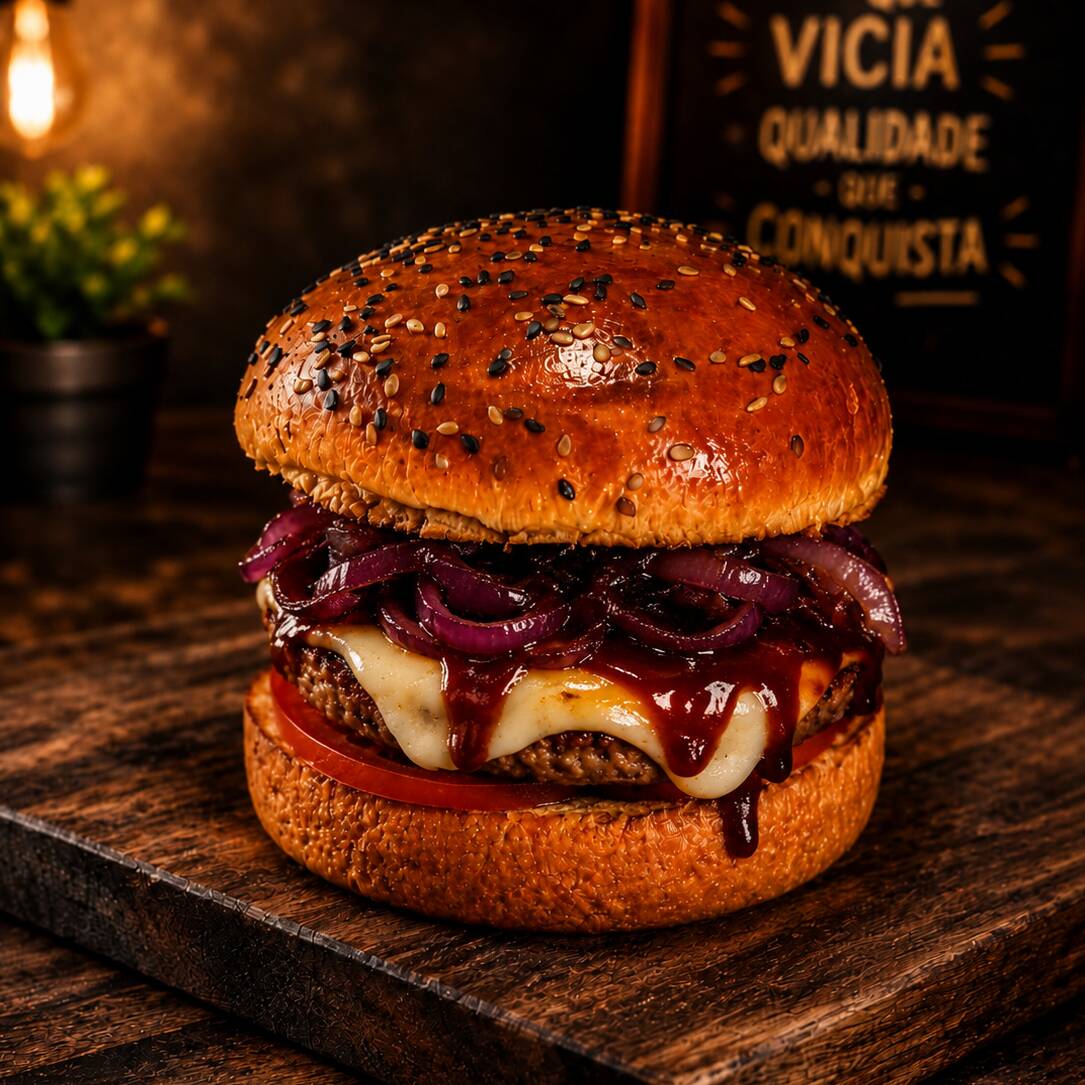 pão brioche com carne artesanal com molho especial da casa,acompanhado com mussarela,bacon,tomate,cebola banhada no molho barbecue