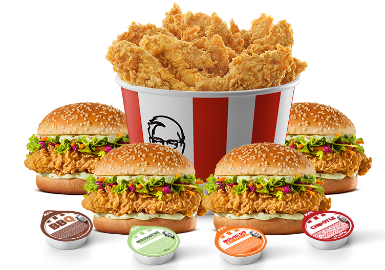 Chama a Galera pra se Esbaldar! 4 Sanduíches + 1 Balde Mega (escolha entre 13 Tiras ou 9 Pedaços) + 4 Molhos