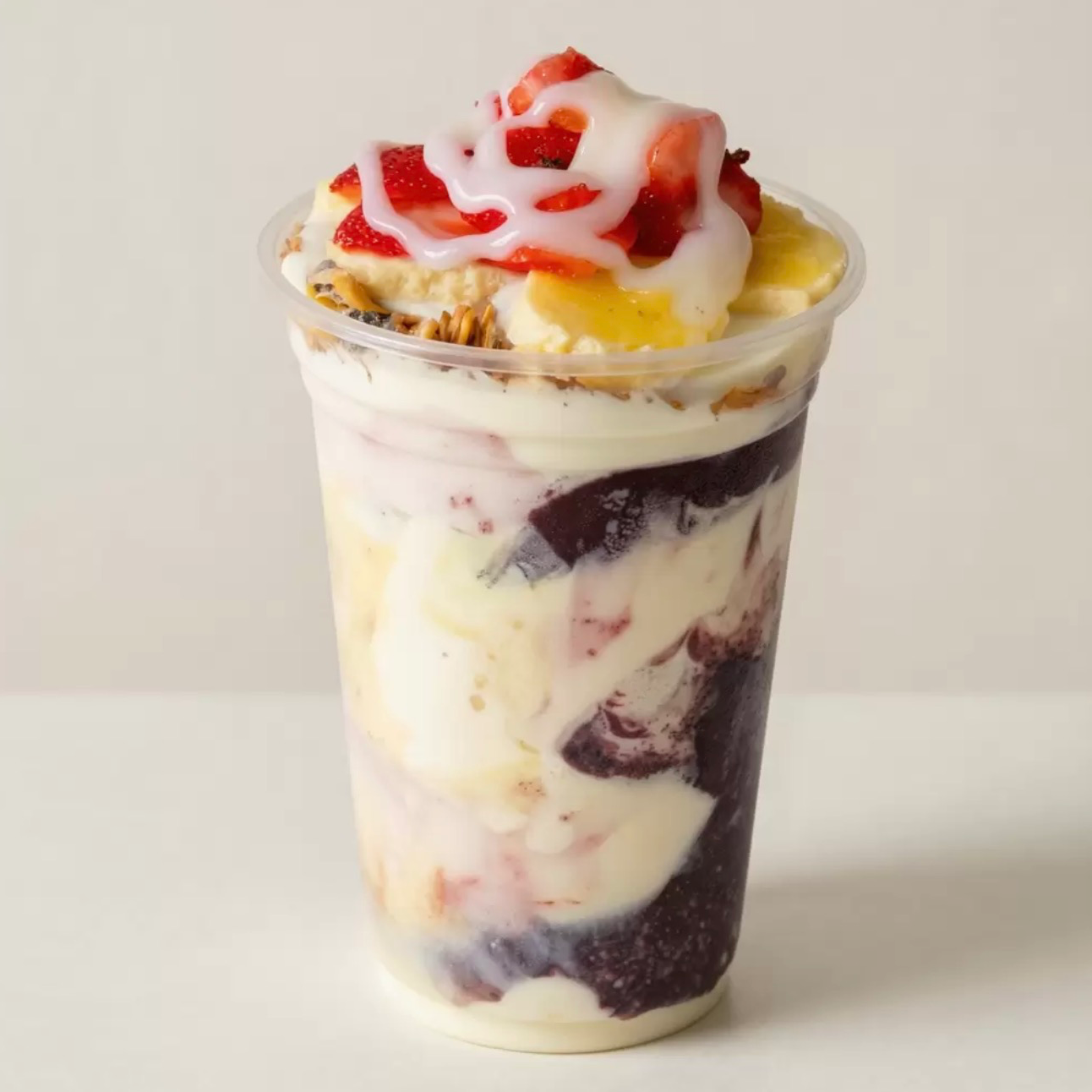 Creme de cupuaçu,creme açaí tradicional,leite em pó,granola,morango e banana
