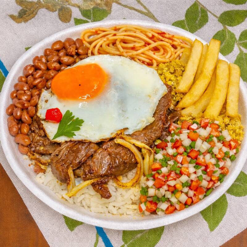 esta marmita acompanha BIFE BOVINO A MODA DA CASA COM VINAGRETE ARROZ/FEIJÃO/FRITAS/MACARRÃO/OVO/FAROFA Bife bovino ( indicada para 1 pessoa)