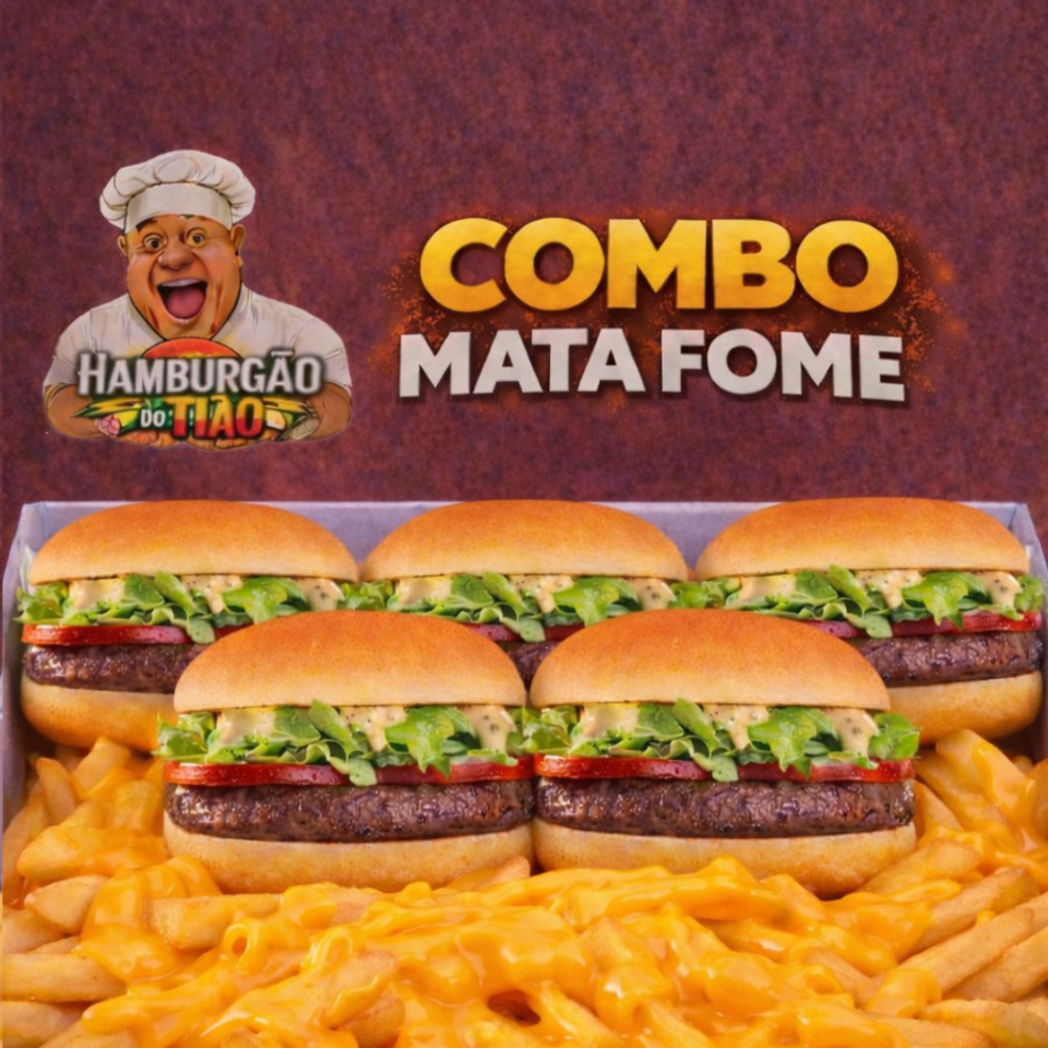 5 X-Burguer Carne, queijo Chedda, molho especial salada, batata frita e molho Chedda