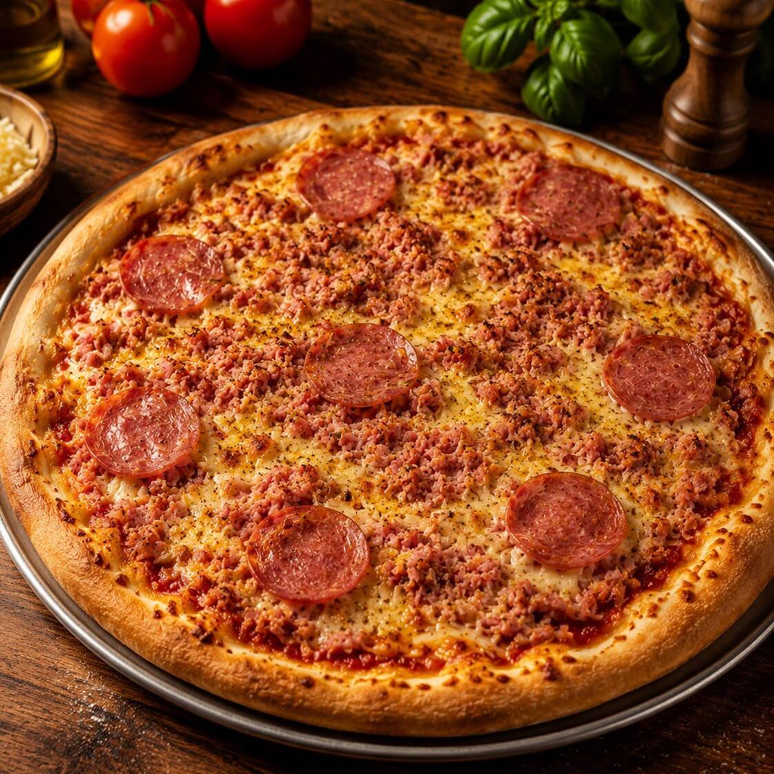 Maravilhosa pizza de calabresa em cubos, mussarela, cebola e orégano.