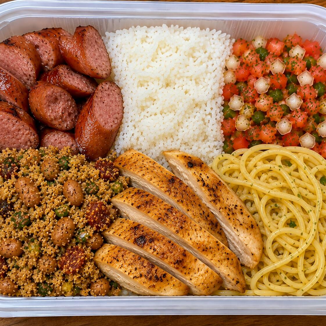 Uma refeição completa e cheia de sabor! Nossa marmita acompanha Toscana e Filé de Peito arroz soltinho, feijão tropeiro bem temperado, macarrão saboroso e vinagrete fresco preparado diariamente.