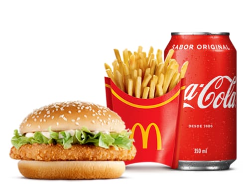 Frango empanado, maionese, alface americana e pão com gergelim, acompanhamento e bebida.