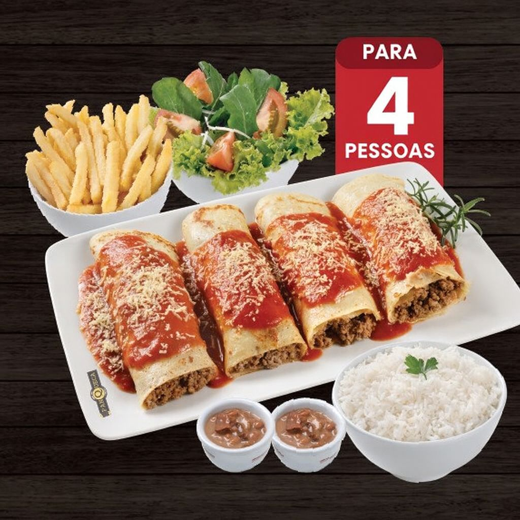 Para 4 Pessoas: 4 Panquecas de (Carne ou Frango). Acompanhamentos: Arroz, Feijão, Fritas e Salada Mista (Alface, Rúcula, Tomate e Cebola)