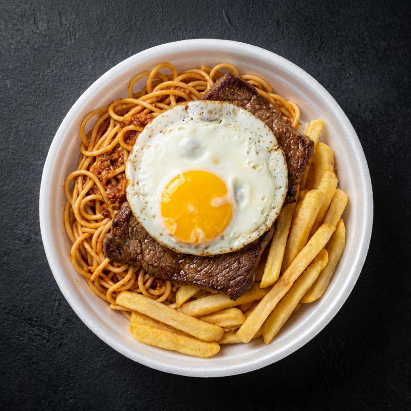 Marmita Media,aproximadamente 700 gramas,acompanhada de Arroz branco,Feijão,macarrão,o bife com ovo,batatas fritas ou pure de batata,(Não acompanha salada,é a parte).