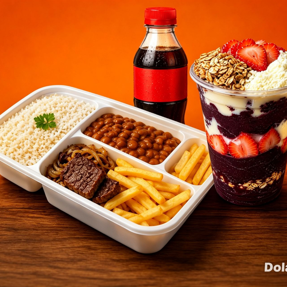 1 Marmita + 1 Refrigerante 200ml + 1 Açaí de Leite Condensado, Morango, Leite Ninho, Leite Condensado e Granola.