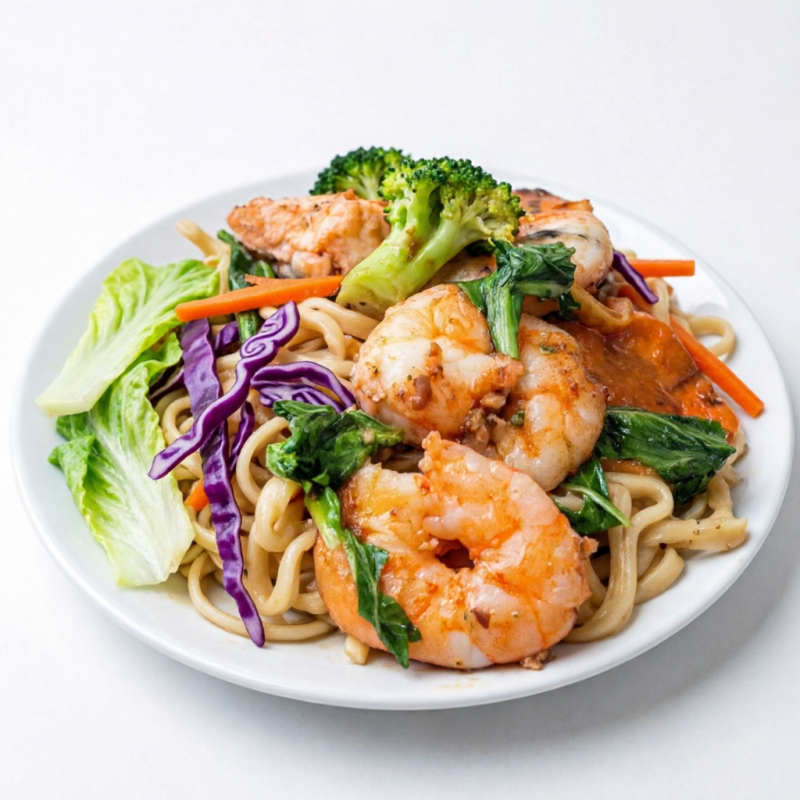 Macarrão, cenoura, repolho verde, repolho roxo, brócolis e acelga refogados ao alho, calabresa e molho especial .