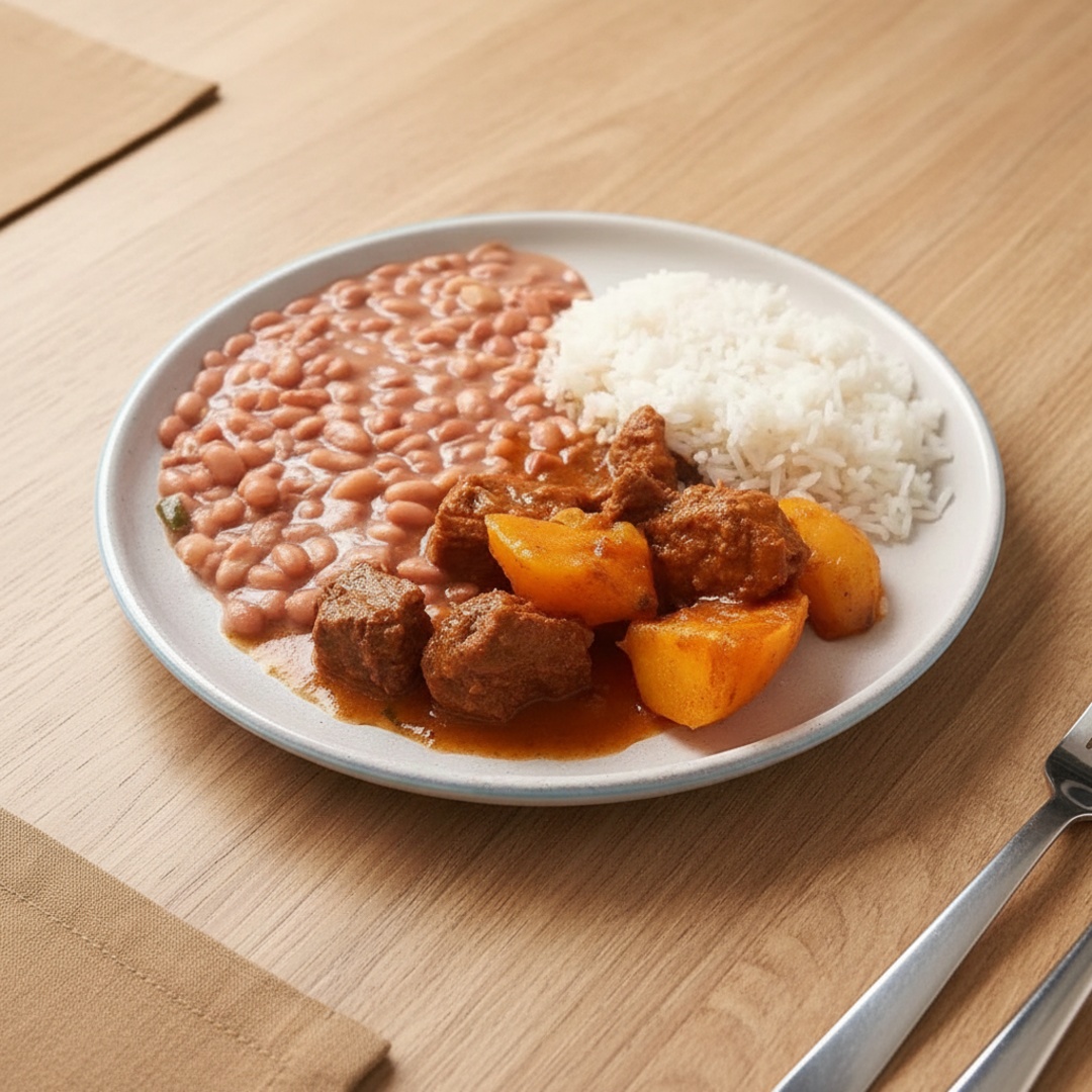 Arroz Soltinho, Feijão de Caldo, Carne de Panela com Batata e Salada