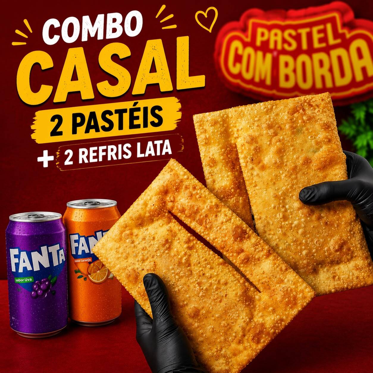 Perfeito pra dividir (ou não)! 2 pastéis bem recheados + 2 refrigerantes 350ml gelados pra acompanhar. Mais sabor e economia no seu pedido!