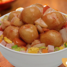 Combinação irresistível de cubos de peito de frango empanados, acompanhados do nosso molho agridoce com abacaxi, cebola e pimentão.