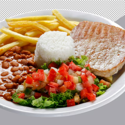 Bife de Porco, Arroz, Feijão, Batata frita tipo chips, salada (Tomate e alface).