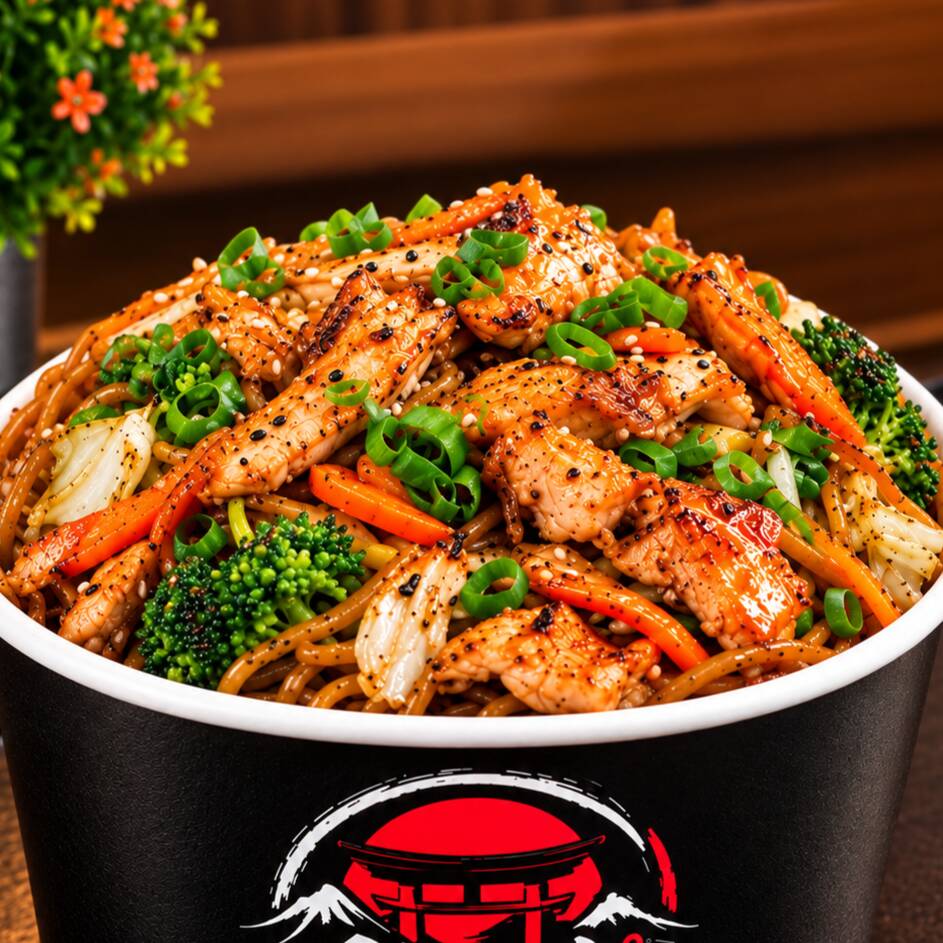 Yakisoba Suino 550 gramas . Acompanha 100 gramas de Pernil suino(peso antes do preparo) macarrão alfa , brócolis, cebola, cenoura e repolho com o molho da casa a base de shoyo.